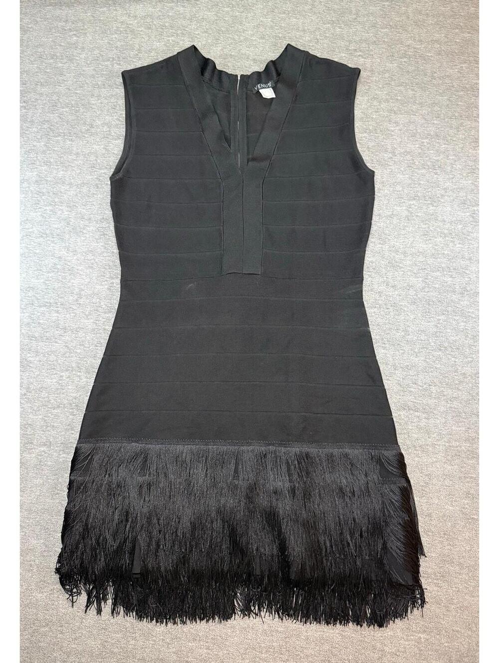 VENUS Women’s Bodycon Fringe Hem Cocktail Party Dress-Size 16/Black/Sleeveless